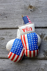 Image showing Boxing Gloves and Tiny US Flag