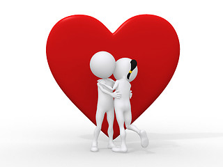 Image showing Beautiful 3d love couple embracing against a big red heart on wh