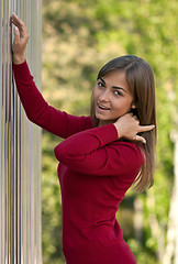 Image showing Beautiful girl in purple dress outside steel wall