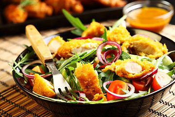 Image showing Gourmet salad with curry chicken stripes