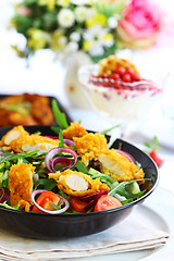 Image showing Gourmet salad with curry chicken stripes