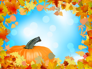 Image showing Fall leaves with pumpkin and sky background. EPS 8