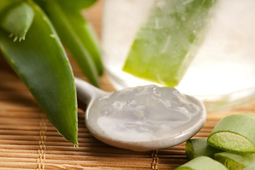 Image showing aloe vera juice with fresh leaves