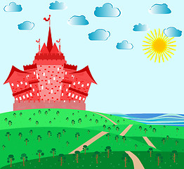 Image showing Fairytale landscape with red magic castle