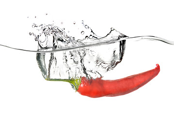 Image showing red pepper dropped into water with splash isolated on white