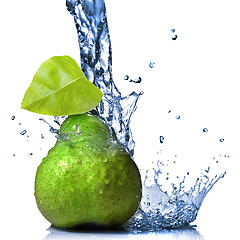 Image showing green pear with leaf and water splash isolated on white