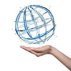 Image showing Globe from water with human hand isolated on white