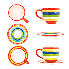 Image showing Ceramic funny color cup with saucer isolated on white