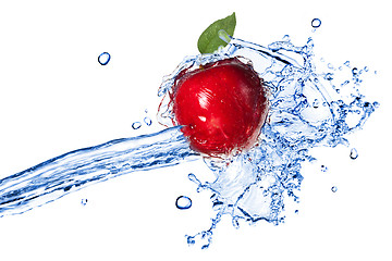 Image showing Red apple with leaf and water splash isolated on white