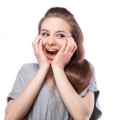 Image showing portrait of happy surprised woman isolated on white 