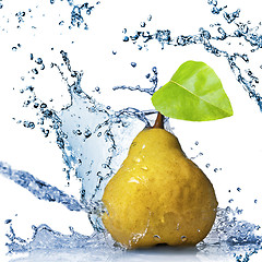 Image showing yellow pear with leaf and water splash isolated on white 