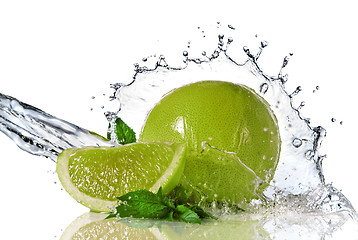 Image showing Water splash on lime with mint isolated on white