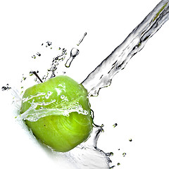 Image showing fresh water splash on green apple isolated on white