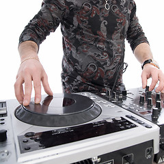 Image showing dj playing on dj mixer with isolated on white