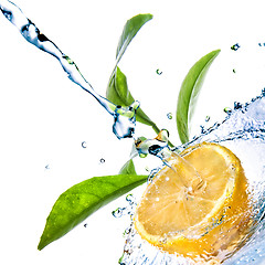 Image showing water drops on lemon with green leaves isolated on white