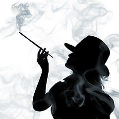 Image showing silhouette of smoking woman isolated on a white background