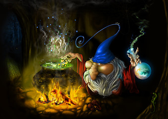 Image showing drawing fairy sly wizard in cave