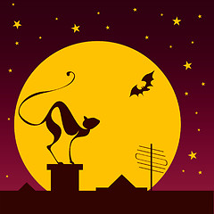 Image showing silhouettes of black cat and bat against moon in halloween night