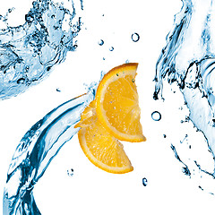 Image showing fresh water splashes and orange slices isolated on white