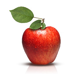 Image showing red apple with leaves and water drops isolated on white