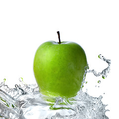 Image showing fresh water splash on green apple isolated on white