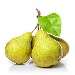 Image showing yellow pears with leaf isolated on white