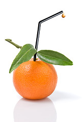 Image showing Tangerine with green leaves and straw isolated on white