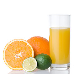 Image showing orange juice and orange with lime isolated on white