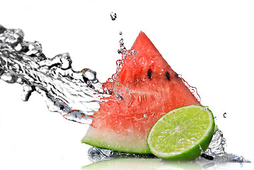 Image showing watermelon, lime and water splash isolated on white