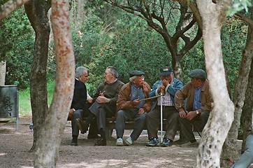 Image showing old men talking in park under tree