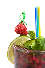 Image showing Energy mohito with mint, lime and raspberry isolated on white