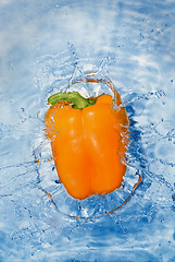 Image showing Yellow pepper dropped into water with bubbles isolated on white