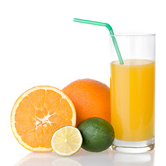 Image showing orange juice with straw and orange, lime isolated on white