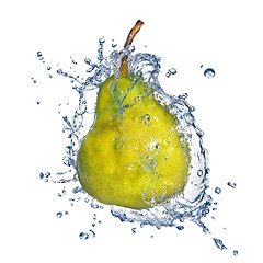 Image showing yellow pear with water splash isolated on white