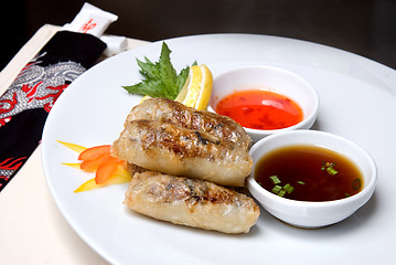 Image showing chinese rolls with meat on the plate