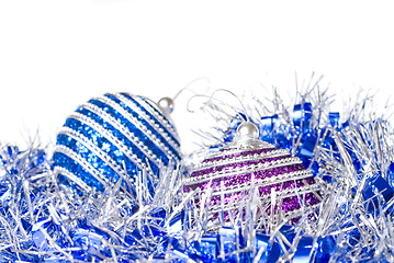 Image showing pink and blue christmas balls with decoration isolated on white