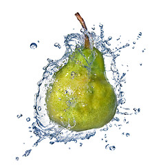 Image showing green pear with water splash isolated on white