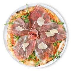 Image showing italian pizza with ham and cheese isolated on white