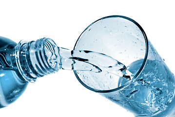 Image showing water pouring into glass from bottle isolated on white