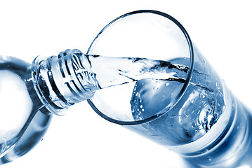 Image showing water pouring into glass from bottle isolated on white