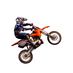 Image showing young moto rider in the air isolated on white