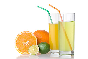 Image showing orange and lime juices with orange and lime isolated on white