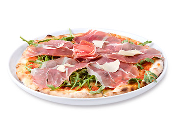 Image showing italian pizza with ham and cheese isolated on white