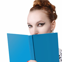 Image showing portrait of attractive young woman with blue book