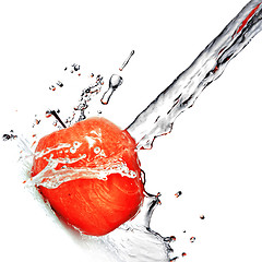 Image showing fresh water splash on red apple isolated on white