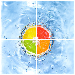 Image showing mix of citrus dropped into water with bubbles isolated on white