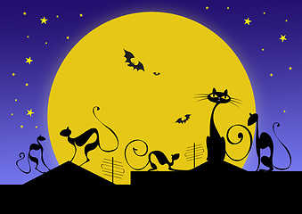 Image showing silhouettes of black cats and bats against moon in halloween nig