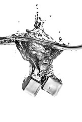 Image showing ice cubes dropped into water with splash isolated on white