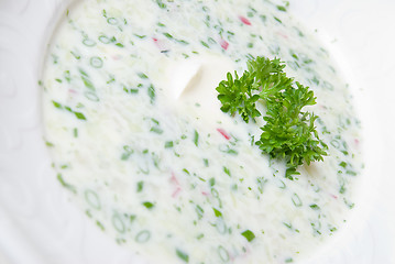 Image showing cold soup with choped vegetables and meat on the plate