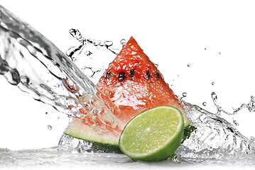 Image showing ï¿½watermelon, lime and water splash isolated on white